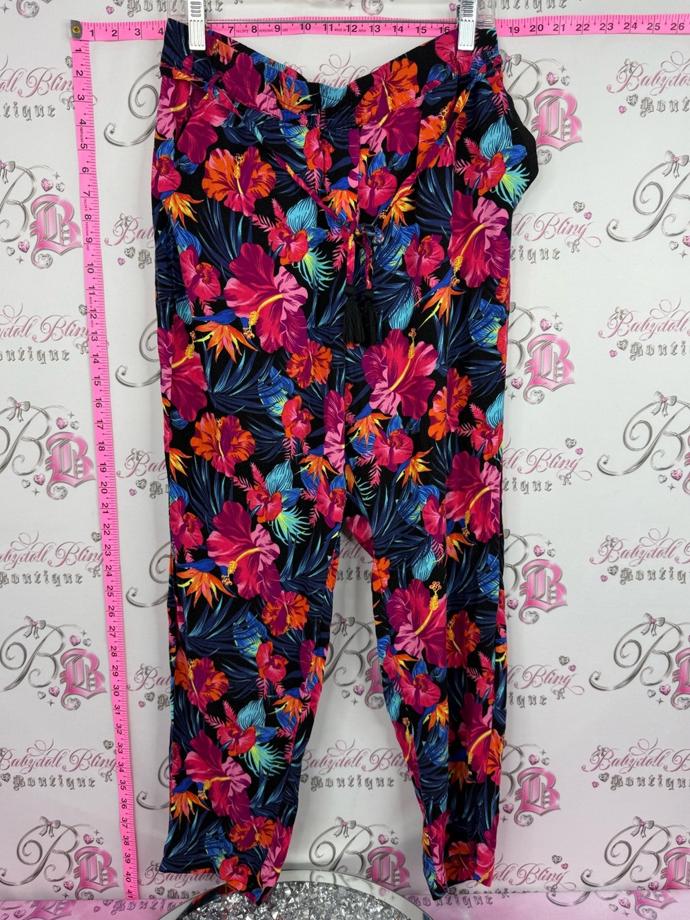 George pants tropical Hawaii Black Track Pants with Pink & Orange Tropical Print